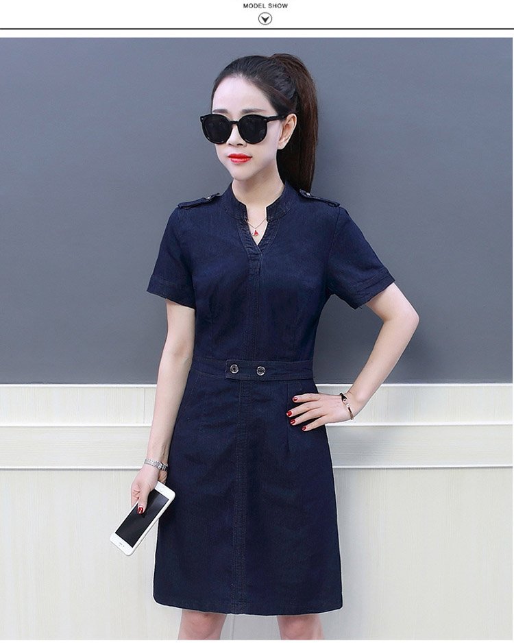 ĐẦM JEAN FORM A CỔ V ĐAI EO ĐÍNH NÚT - NJ2898